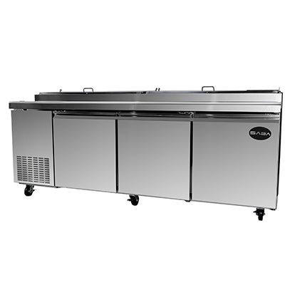 SABA SPP-91-12 91″ Three Door Refrigerated Pizza Prep Table with Pans Stainless Steel - Top Restaurant Supplies