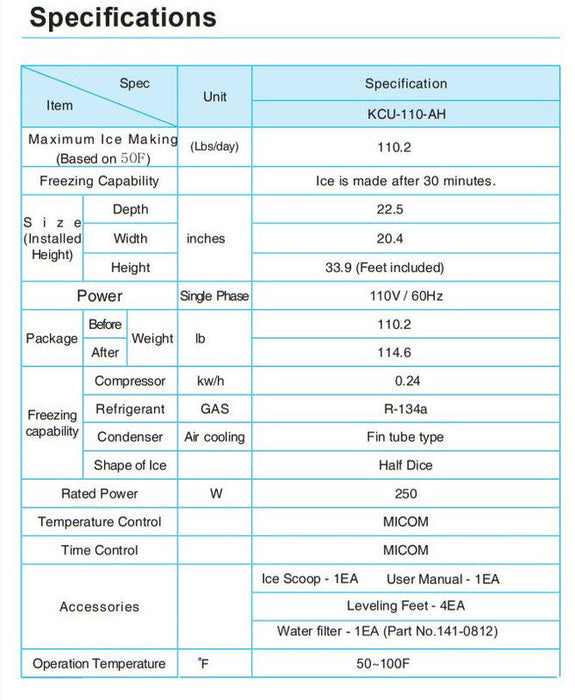 Kool-It KCU-110-AH Undercounter Ice Maker, 107 Lbs. Per Day, Undercounter, Cube Style Ice - Top Restaurant Supplies